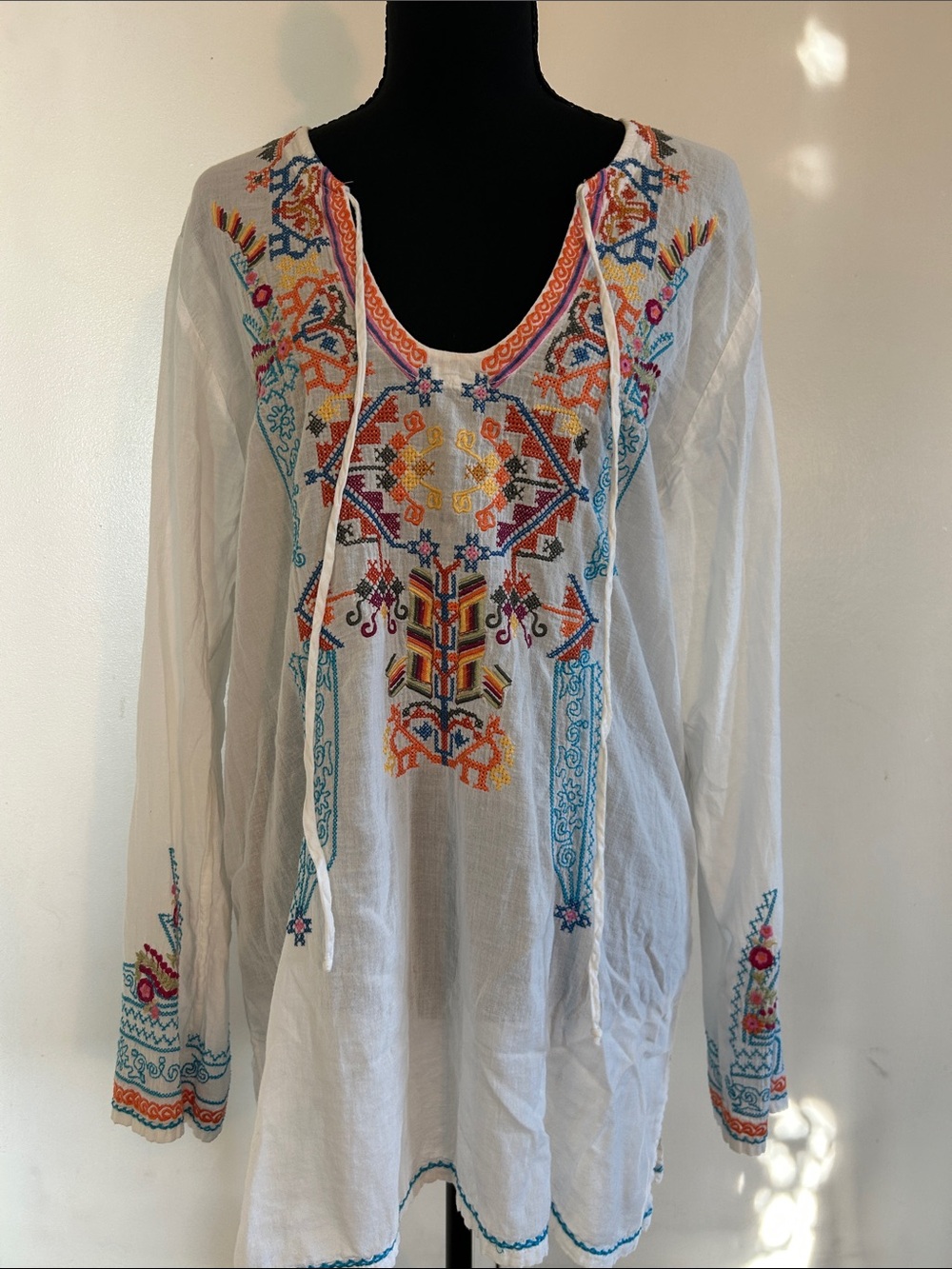 Biya Johnny Was Floral Aztec Embroidered Gauzy Cotton Peasant Tunic Multicolor